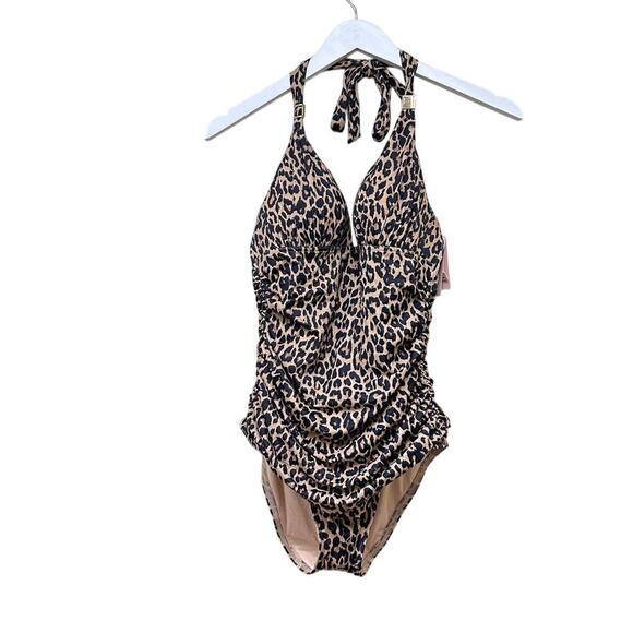 NWT Victoria Secret Medium Tan Black Leopard Halter One Piece Swimsuit Vacation - Picture 2 of 12